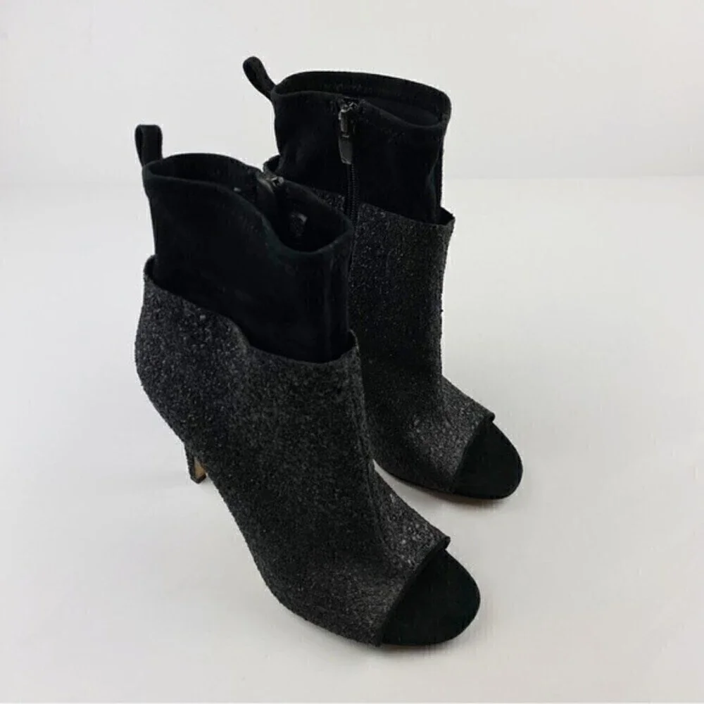 Via Spiga Tarni Black Glitter High Heel Peep Toe Booties Size 7.5 - Picture 9 of 13